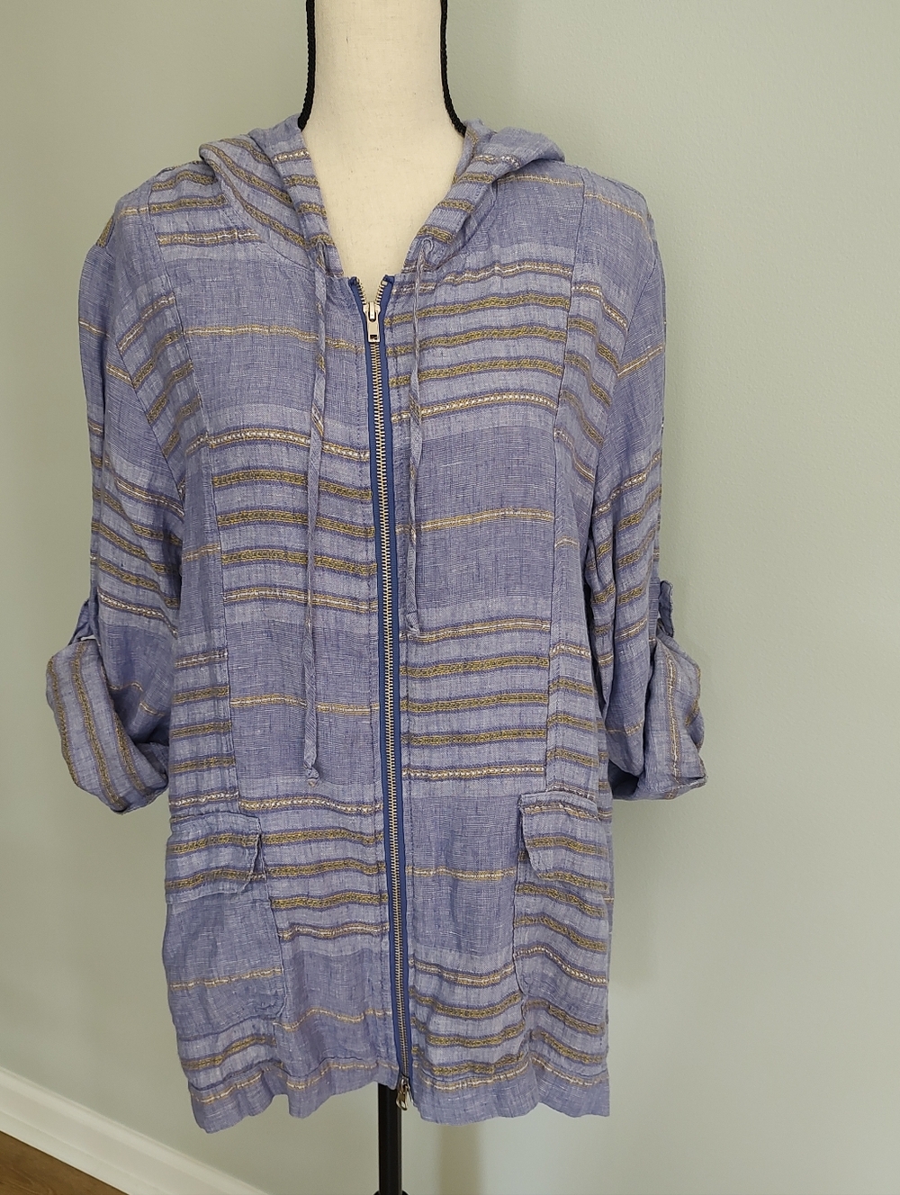 FLAX Linen Oversized Hooded Zip Jacket Lavender Purple Yellow Stripe M